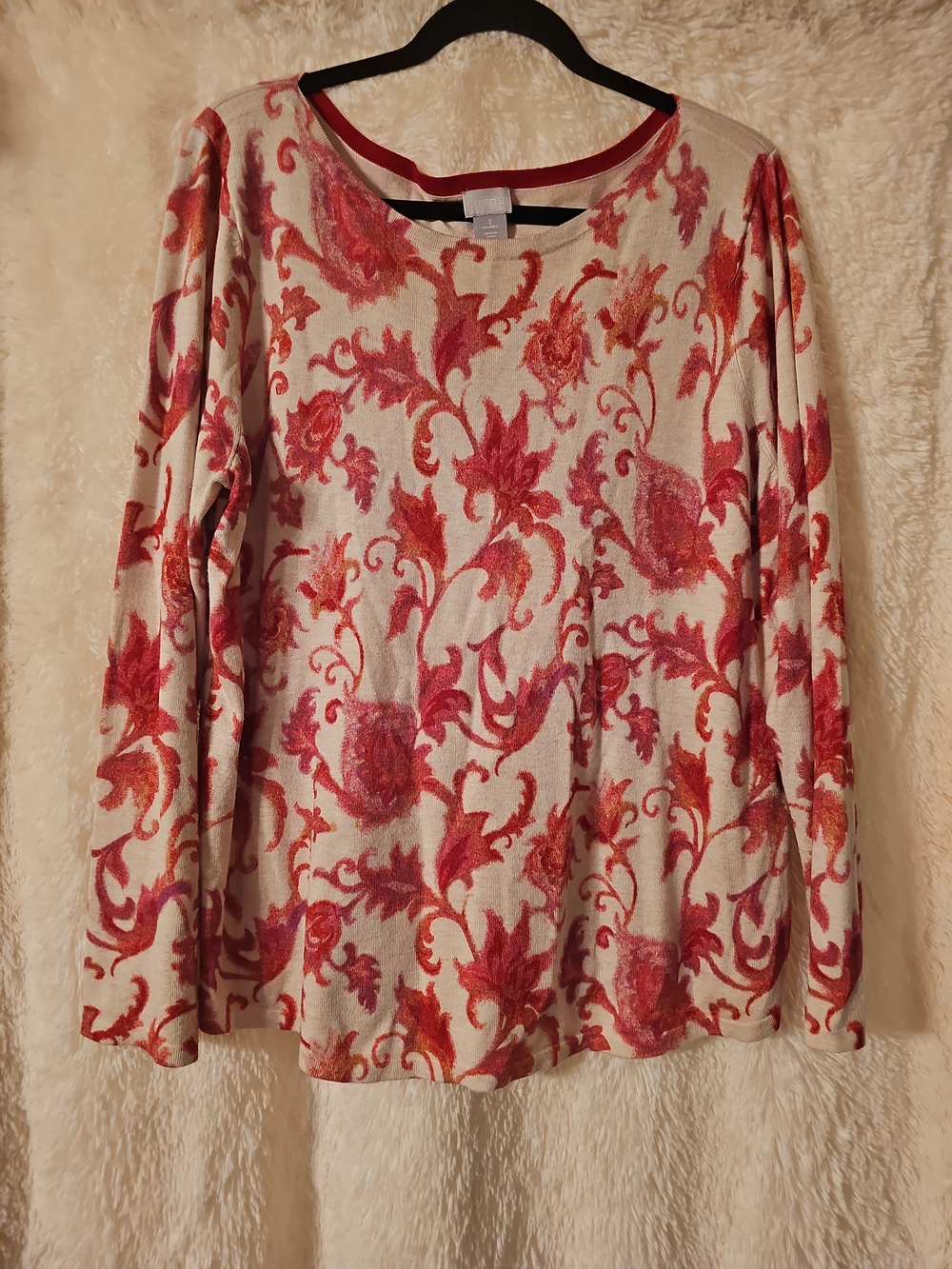 Chico's Cream Crewneck Sweater with Pink & Orange Floral Pattern